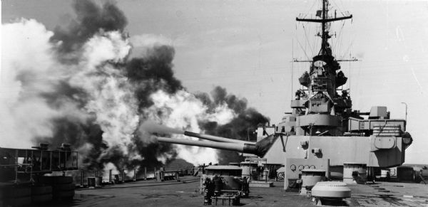 The six sixteen-inch guns of the U.S.S. <i>Wisconsin</i> shooting at a target fifteen miles away.