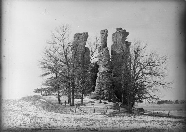 A winter view of "The Three Chimneys" in the St. Peter sandstone formation.