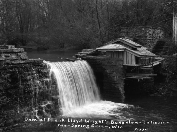 Exterior view of Taliesin and its hydroelectric plant. Caption on photograph reads, "Dam at Frank Lloyd Wright's Bungalow-Taliesin-near Spring Green, Wis." Taliesin is located in the vicinity of Spring Green, Wisconsin.