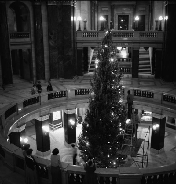 Wisconsin State Capitol rotunda during the holiday season. A man is standing on a ladder which is on top of scaffolding to decorate the tree.