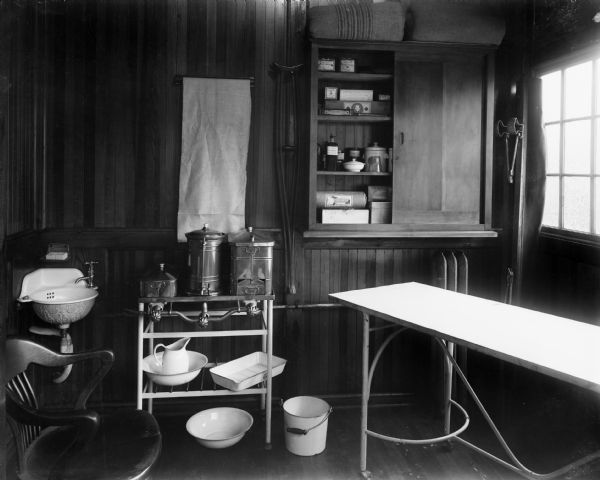 The first aid room and treatment area of one of the Pawling & Harnischfeger plants, stocked with medication and bandages. The room was centrally located in the plant and maintained by a foreman who was trained in first aid work.