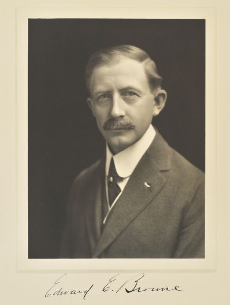 Quarter-length portrait of Edward E. Browne, Waupaca lawyer.