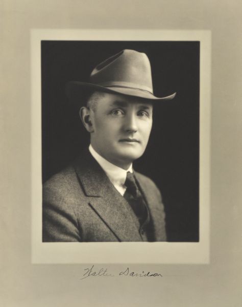 Head and shoulders studio portrait of Walter Davidson, Milwaukee manufacturer.