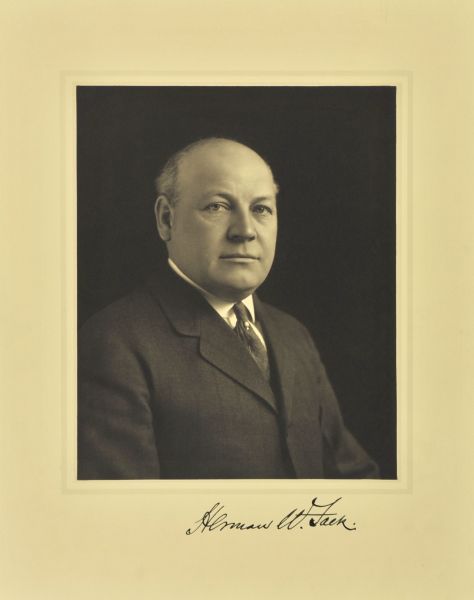 Head and shoulders portrait of Herman Wahl Falk, Milwaukee company president.