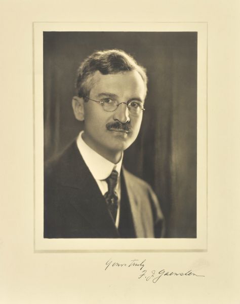 Quarter-length studio portrait of F.J. Gaenslen, Milwaukee physician and surgeon.