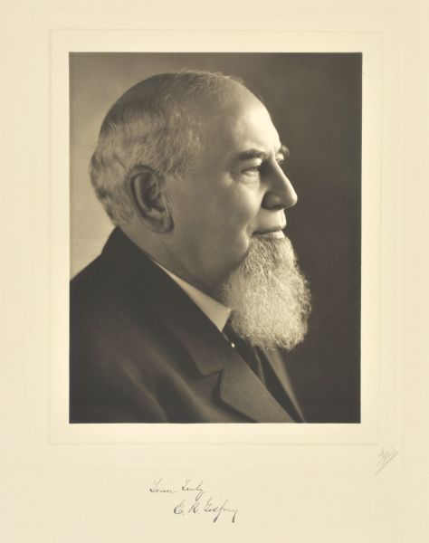 Head and shoulders profile portrait of E.R. Godfrey, Milwaukee grocer.