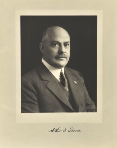Quarter-length studio portrait of Arthur Emil Gross, Milwaukee company president.