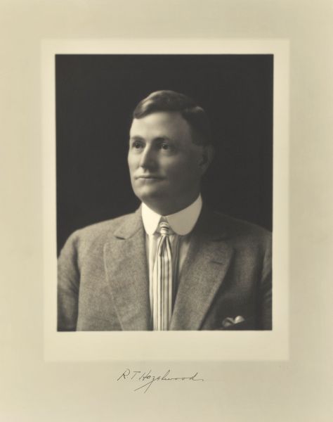 Quarter-length studio portrait of Robert T. Hazelwood, Milwaukee company president.