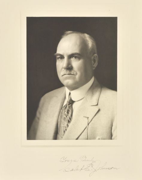 Quarter-length studio portrait of Caleb E. Johnson, Milwaukee manufacturer.