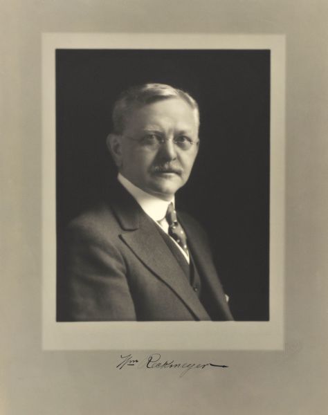 Quarter-length studio portrait of William Reckmeyer, Milwaukee merchant.