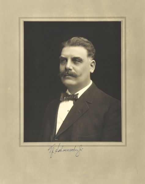 Quarter-length studio portrait of Vincenz John Schoenecker, Jr., Milwaukee manufacturer.