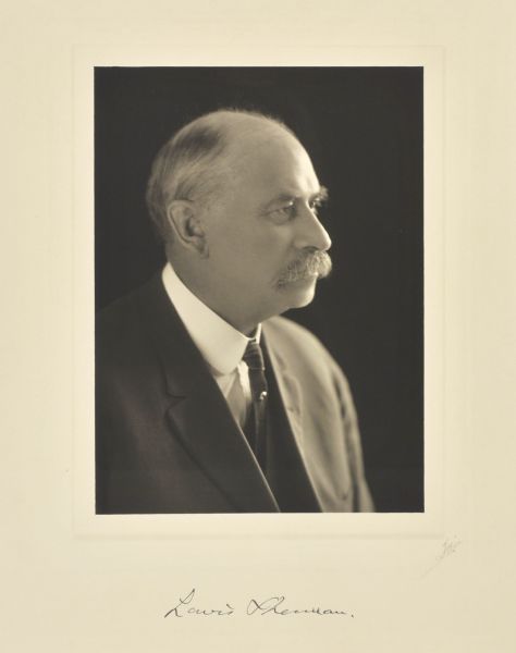 Quarter-length side-profile studio portrait of Lewis Sherman, Milwaukee physician and pharmacist.