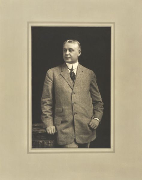 Three-quarter length studio portrait of William B. Strong, Milwaukee company vice-president and treasurer.