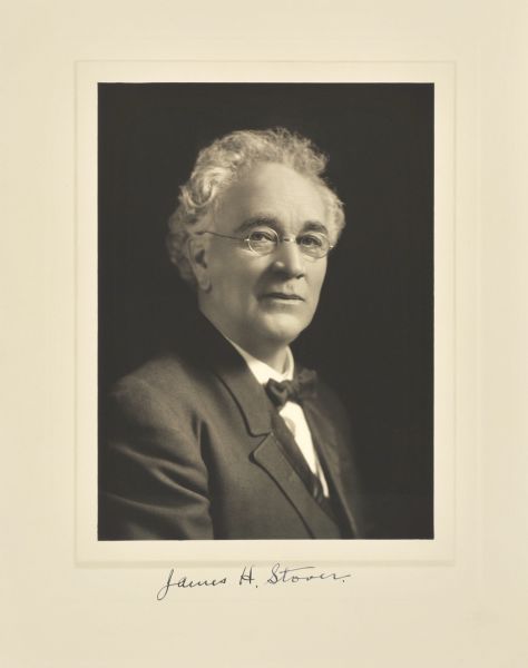 Quarter-length studio portrait of James H. Stover, Milwaukee attorney.