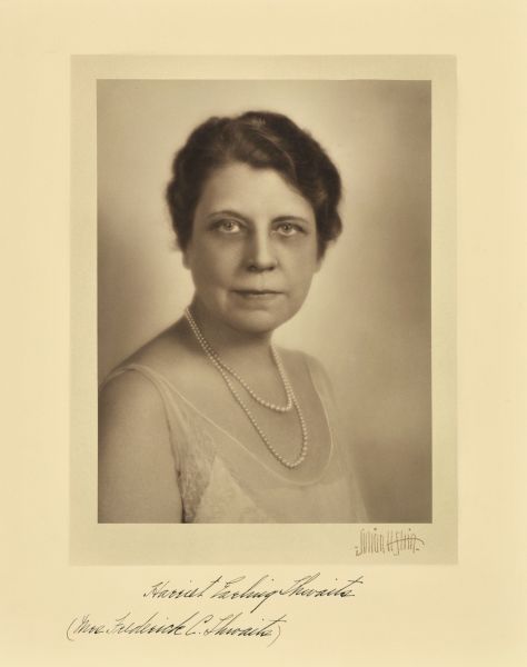 Quarter-length studio portrait of Harriet Earling Thwaits, Milwaukee philanthropist, wife of Frederick C. Thwaits.