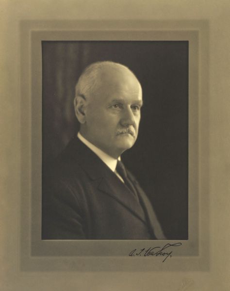 Quarter-length studio portrait of A. (Abraham) T. Van Scoy, official of the International Harvester Company in Milwaukee.