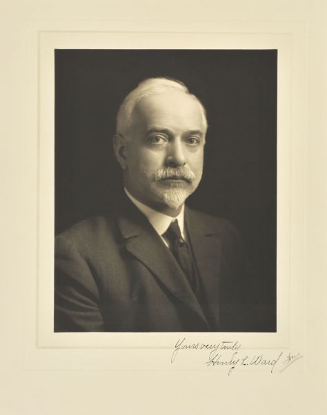 Quarter-length studio portrait of Henry L. Ward, Milwaukee naturalist and museum director.