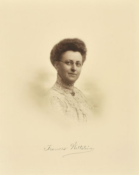 Vignetted quarter-length studio portrait of Frances Wettstein, Milwaukee teacher, writer, lecturer, and educator of the deaf.