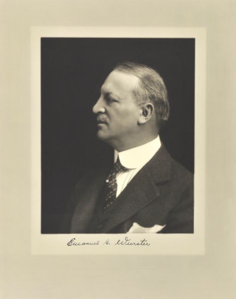 Quarter-length studio profile portrait of Emanuel Albert Wurster, Milwaukee company secretary and treasurer.