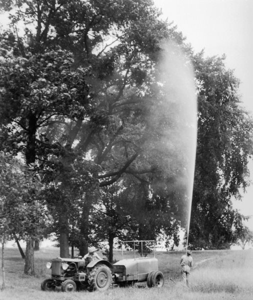 Two men spray trees for pests. One man is driving a tractor pulling a tank, while the other man follows behind holding a high pressure hose spraying the liquid into the trees.