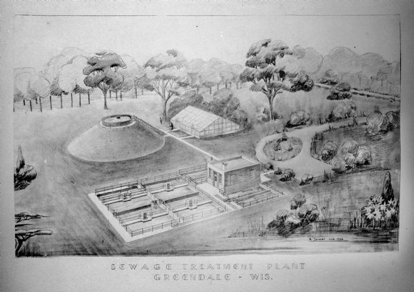 A planning sketch of the sewage treatment site. The sketch is signed "A Deimel" and dated "June 1936." The text at the bottom of the sketch reads "Sewage Treatment Plant Greendale Wis."