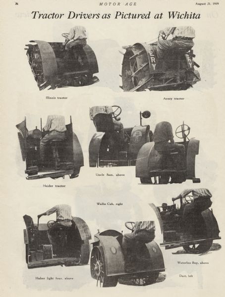 Page from <i>Motor Age</i> magazine showing operator's position of Illinois, Heider, Uncle Sam, Avery, Wallis Cub, Huber, Dart, and Waterloo tractors.