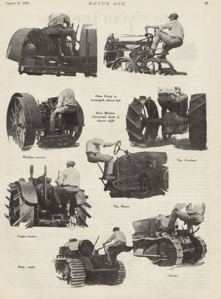 Page from <i>Motor Age</i> magazine showing tractor operator's positions, including the Wichita, Eagle, Best, Frick, Moline, Fordson, Royer, and Cletrac tractors.