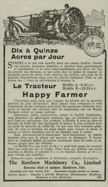 An advertisement for a newspaper or magazine in French for the La Crosse Happy Farmer Models A and B tractors. The local dealer was the Renfrew Machinery Company of Renfrew, Ontario.