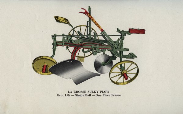 A catalog color lithograph of a La Crosse Plow Company sulky plow,