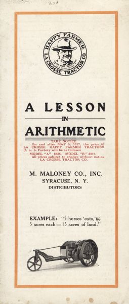 The cover of a La Crosse Tractor advertisement from M. Maloney Company, Syracuse, N.Y.