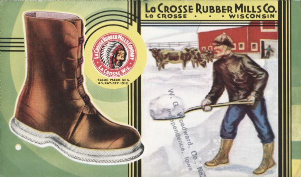 An image of a farmer in a barnyard shoveling snow wearing boots from La Crosse Rubber Mills.