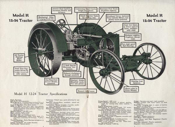 A color illustration of the La Crosse model H tractor complete with captions pointing out features with arrows pointing to the parts of the tractors. Specifications run along the bottom of the page.