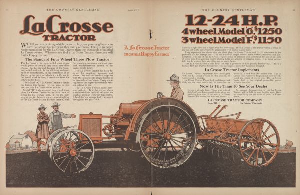 Am advertisement for the La Crosse Models F and G tractors. Color illustration depicts a man and woman watching another man driving a tractor. Includes a grain drill from the La Crosse Plow Company.