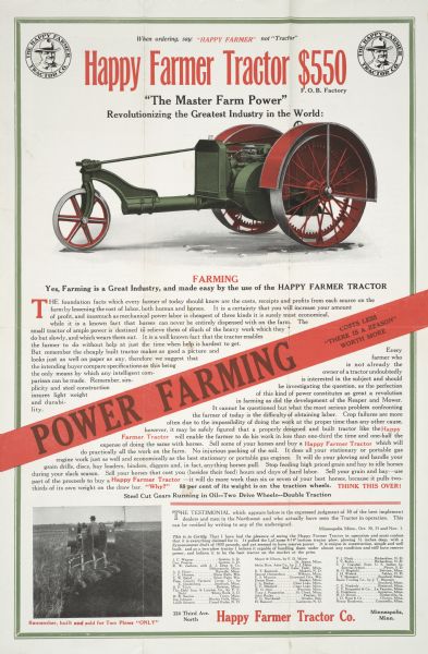 Advertising foldout for the La Crosse Happy Farmer tractor. Includes a color illustration of a tractor, as well as a rear view of a man plowing with a tractor in a field.