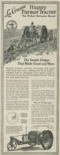 Advertisement for La Crosse Happy Farmer Model A and B tractors. Depicts a man plowing in a field with a tractor.