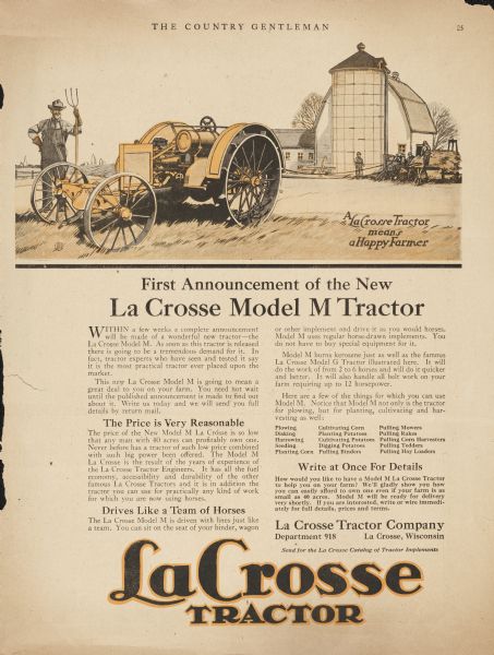A magazine advertisement introducing the La Crosse Model M tractor. Depicts a man with a pitchfork standing near a tractor. In the background are farm buildings.
