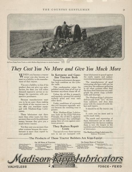 A magazine advertisement for Madison Kipp lubricators featuring a man operating a La Crosse Happy Farmer tractor with a three bottom plow.