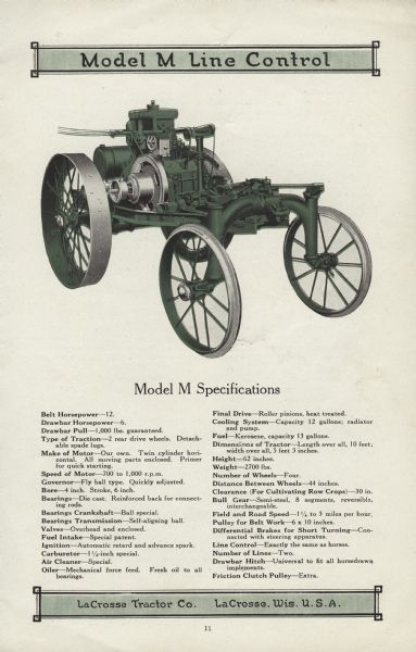 An advertisement for the La Crosse Model M line control tractor. Specifications are on the bottom of the page.