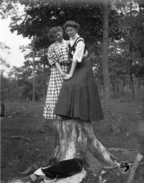 Two young women wearing long dresses pose on top of a large tree stump, while holding onto each other tightly. Their jackets are laying on the ground, and in the background are trees.
