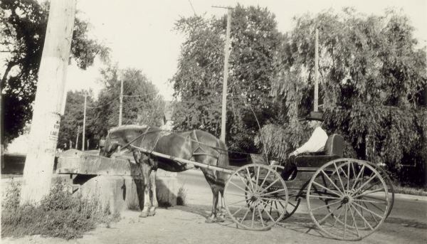 An unidentified man in a buggy stops to water his horse at an old trough in the middle of the road. There is a handbill on a utility pole on the left.