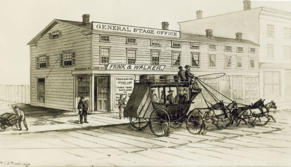 A photographic print of an older illustration which was created by W. E.S. Trowbridge for <i>Reminiscences of Early Chicago and Vicinity</i> by Edwin O. Gale.  The stagecoach office was at Lake and Dearborn; Frink and Walker stages "went to all parts of the Northwest" including Wisconsin. "John Frink sent out the first stage in 1836."