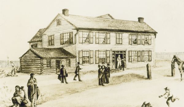 A copy of an older illustration of the Sauganash Tavern, located on Lake Street in Chicago near Market. It was "built in 1831 by Mark Beaubien, who claimed it to be the first frame house in Chicago." It operated as a tavern and hotel until it burned March 4, 1851. The illustration shows a large frame structure attached to a smaller log building.