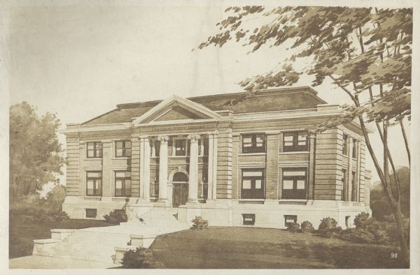 Photographic copy of an artist's rendering of an exterior view of the Beloit Public Library. Of note is the following above the main entrance: "Carnegie Public Library." This differs from photographs of the library, which read: "Beloit Public Library." On the reverse of the cardboard backing it reads, "Copelin, Chicago, 308-316 Dearborn Street, Photographs for Advertising Purposes and for Commercial Travelers. Freight Elevator, 51 Custom House Place. Tel. Harrison 319."