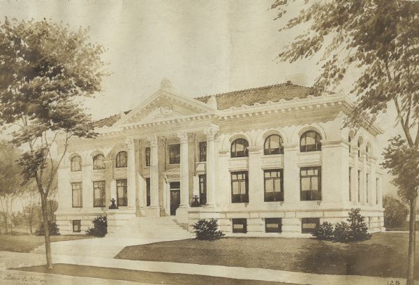 Exterior view of the Eau Claire Public Library. Copy of artist's rendering done in watercolor. The library opened in 1904 and was funded by a $40,000 donation from Andrew Carnegie. Lower left corner reads: "Patton E. Miller, Architects." Over the main entrance it reads: "Public Library." This differs from photographs of the building which reads: "Eau Claire Public Library." There are four Corinthian columns at the entrance and large arched windows along the two-story facade.