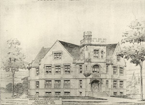 Copy of an artist's line drawing of the exterior of the Fond du Lac Public Library. The library opened in 1904 and was funded by Andrew Carnegie with $30,000. Above the main entrance it reads: "Public Library." The bottom of the image reads: "Van Ryn & DeGelleke Architects, Milwaukee, WIS."