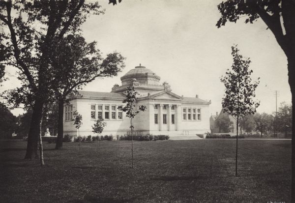 Exterior view from lawn of the Gilbert M. Simmons Public Library. The library opened in 1900 and was funded with a gift of $150,000 from G.M. Simmons.
