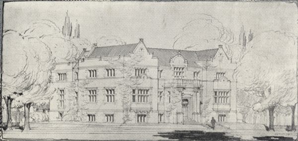 Copy of an artist's rendition of the exterior view of the Madison Public Library. The library opened in 1905 and was funded by a $75,000 gift from Andrew Carnegie.