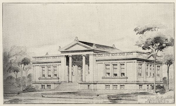 Copy of an artist's rendering of the exterior view of the Neenah Public Library. The lower right corner reads: "Van Ryn & DeGelleke Architects, Milwaukee, Wis." Reverse of image reads: "1904, $20,000."
