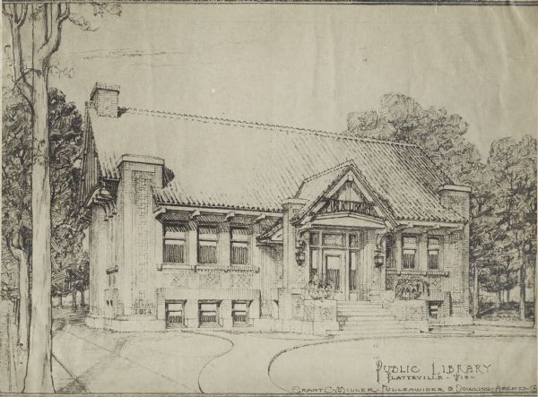 Copy of an artist's rendering of an exterior view of the Platteville Public Library. The library was funded with a $12,500 donation from Andrew Carnegie. Bottom right of image reads: "Public Library, Platteville, Wis., Grant C. Miller, Fullenwider & Dowling Arch'ts." Above the main entrance are the words: "Public Library."
