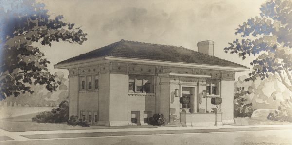 Copy of artist's rendering of exterior view of a proposed Carnegie Branch Library in Racine. At bottom center it reads: "Design For Proposed, Carnegie Branch Library, Racine Wisc., Guilbert & Funston Architects, Racine Wisc." At bottom right it reads: "Guilbert & Funston Archts." Reverse of image reads: "1913, cost $10,000." Above main entrance it reads: "Branch Library." The building is a small, brick prairie style building.

Additional notes from "New Types of Small Library Buildings, 1913."
Dimensions - 29'x58': one story and basement. Floor plans included.